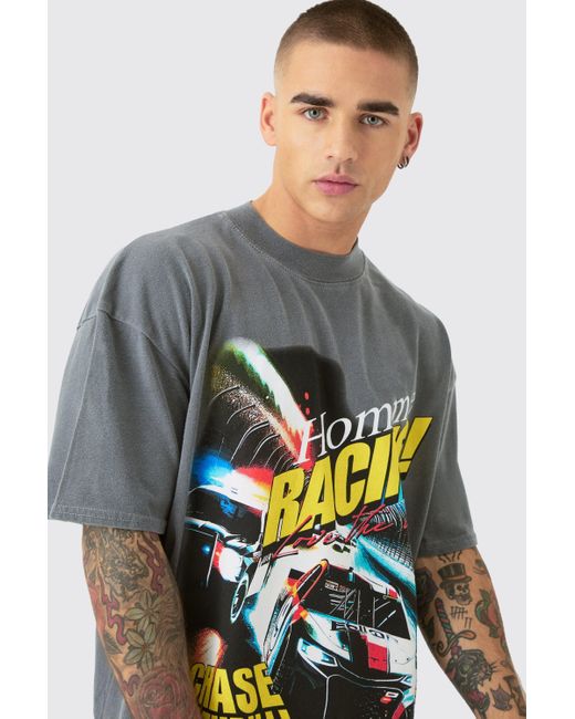 BoohooMAN Gray Oversized Car Chase Graphic T-shirt for men