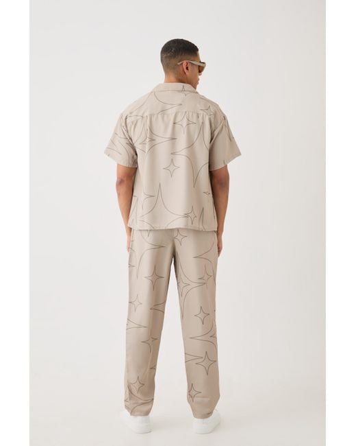 BoohooMAN Natural Soft Twill Boxy Tonal Star Print Shirt & Trouser Set for men