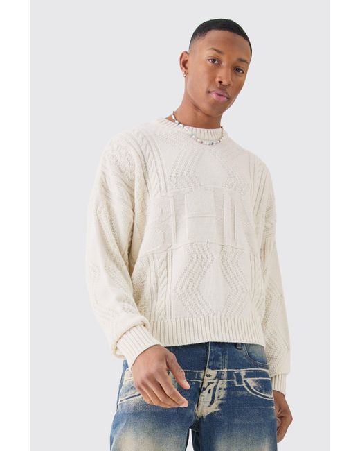 BoohooMAN Gray Oversized Boxy Bhm Cable Knit Jumper for men
