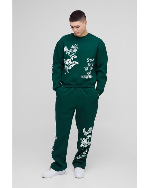 BoohooMAN Kastiger Oversize Sweatshirt-Trainingsanzug mit Graffiti-Slogan in Green für Herren