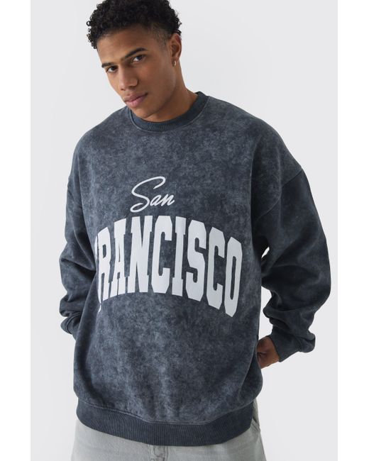 BoohooMAN Blue Extreme Oversized Washed San Francisco Graphic Sweatshirt for men