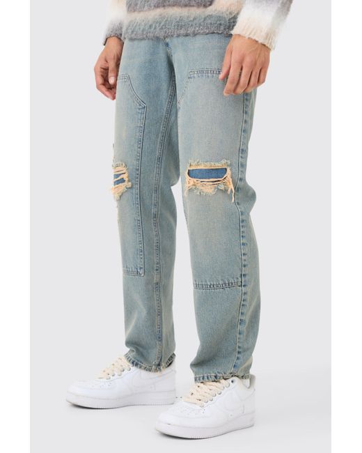 Boohoo Relaxed Rigid Ripped Carpenter Jeans In Vintage Blue