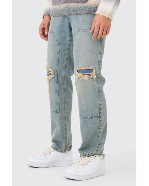BoohooMAN Relaxed Rigid Ripped Carpenter Jeans In Vintage Blue for men