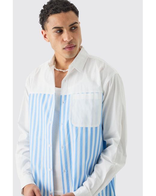 BoohooMAN Oversized Long Sleeve Poplin Panel Stripe Shirt in White für Herren
