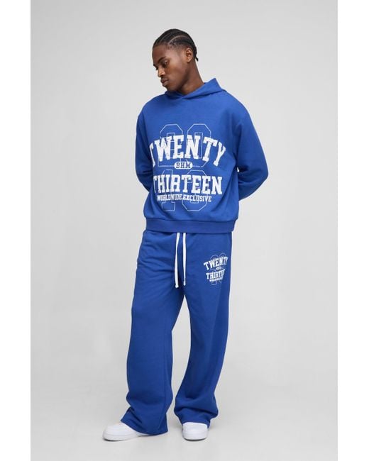 BoohooMAN Blue Oversized Boxy Varsity Zip Through Hooded Wide Leg Tracksuit for men