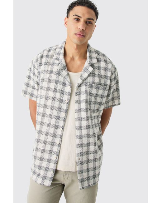 Boohoo White Oversized Textured Contrast Flannel Shirt