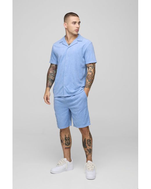 BoohooMAN Blue Regular Fit Towelling Shirt & Loose Short Set for men