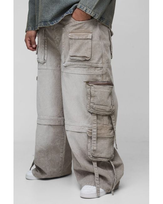 Boohoo Gray Plus Baggy Rigid Multi Pocket Strap Detail Cargo Jeans