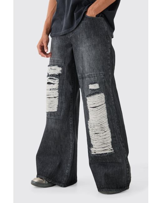 BoohooMAN Baggy Rigid Extreme Ripped Denim Jean In Washed Black for men