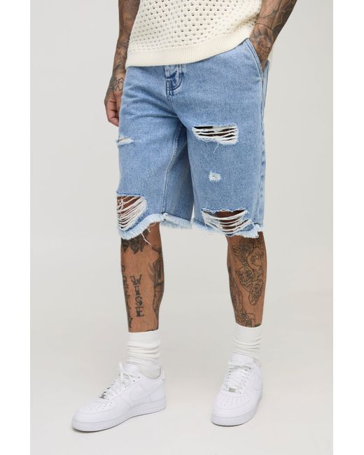 BoohooMAN Blue Tall Distressed Drawcord Relaxed Fit Denim Shorts for men