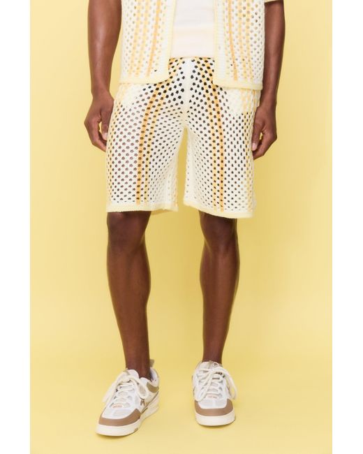 BoohooMAN Yellow Relaxed Open Stitch Stripe Knitted Shorts for men