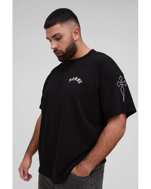 BoohooMAN Black Plus Oversized Homme Print & Cross Embroidered T-Shirt for men