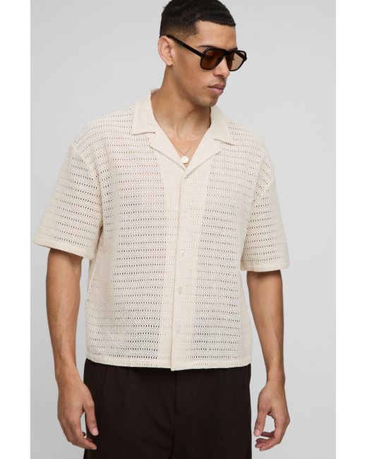 BoohooMAN Natural Oversized Open Texture Boxy Revere Shirt