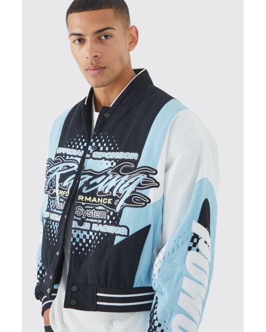 BoohooMAN Blue Boxy Twill Bomber Moto Jacket for men