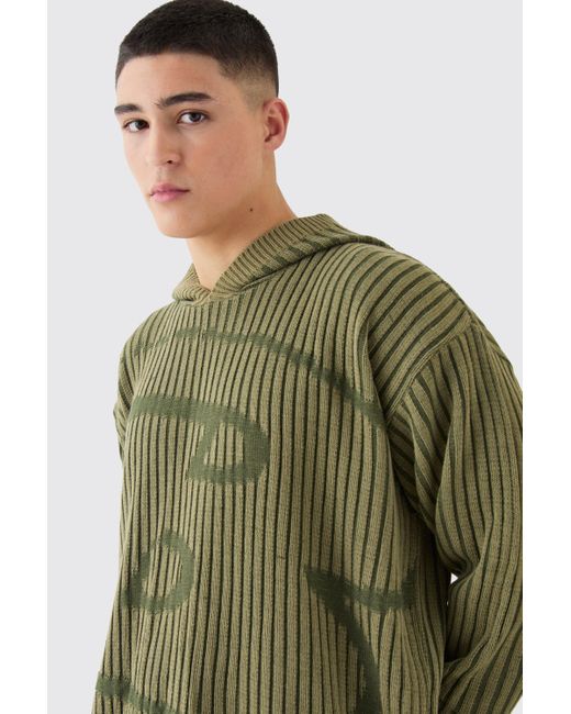 BoohooMAN Green Oversized Boxy Branded Knitted Hoodie for men