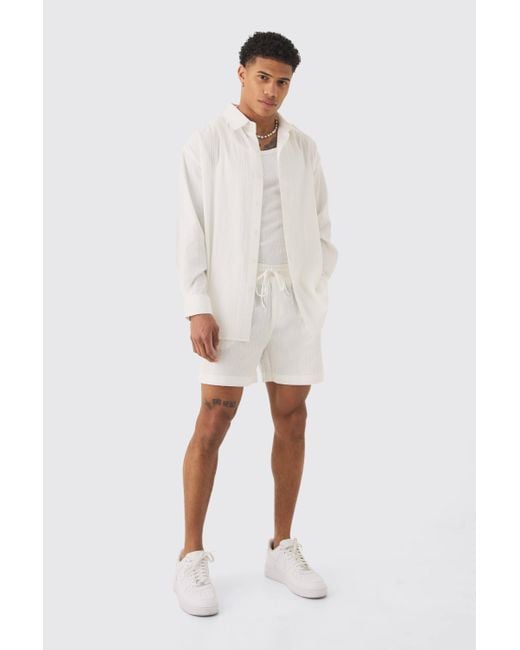 BoohooMAN White Oversized Stripe Seer Sucker Shirt & Short Set for men