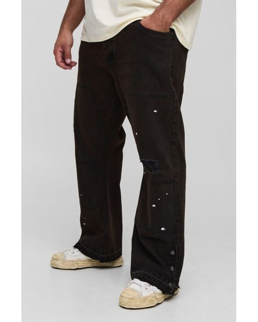 BoohooMAN Black Plus Slim Flared Ripped Carpenter Split Hem Jeans for men