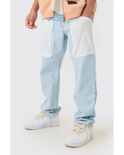 BoohooMAN Blue Relaxed Rigid Double Waistband Reverse Cut & Sew Denim Jean for men