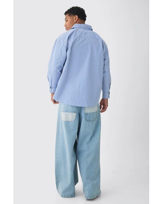 BoohooMAN Gestreiftes Oversize Hemd in Blau mit langen Ärmeln in Blue für Herren
