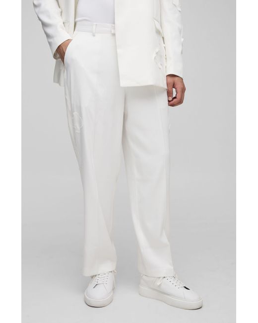 BoohooMAN White Relaxed Fit Cross Applique Suit Trouser