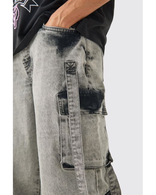BoohooMAN Gray Baggy Rigid Multi Pocket Flare Acid Washed Jeans In Charcoal for men