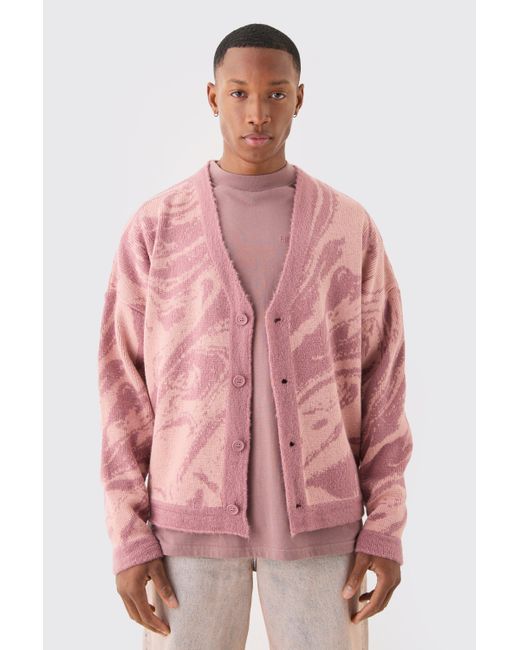 BoohooMAN Boxy Oversized Brushed Abstract All Over Jacquard Cardigan in Pink für Herren