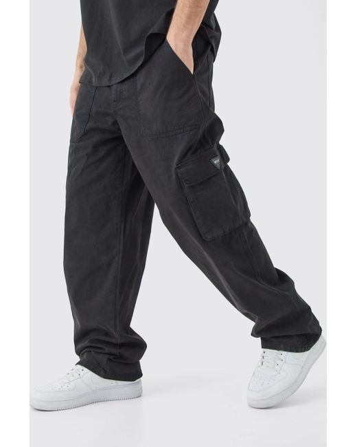 BoohooMAN Black Fixed Waist Cargo Zip Pants With Rubberised Tab for men