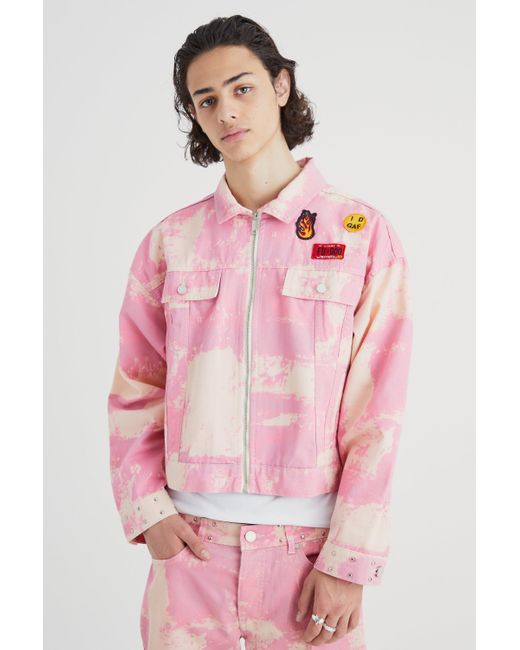 BoohooMAN Pink Boxy Fit Bleached Denim Jacket for men