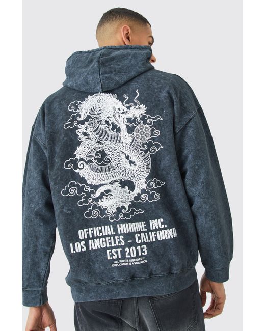 BoohooMAN Blue Oversized Acid Wash Dragon Graphic Hoodie for men