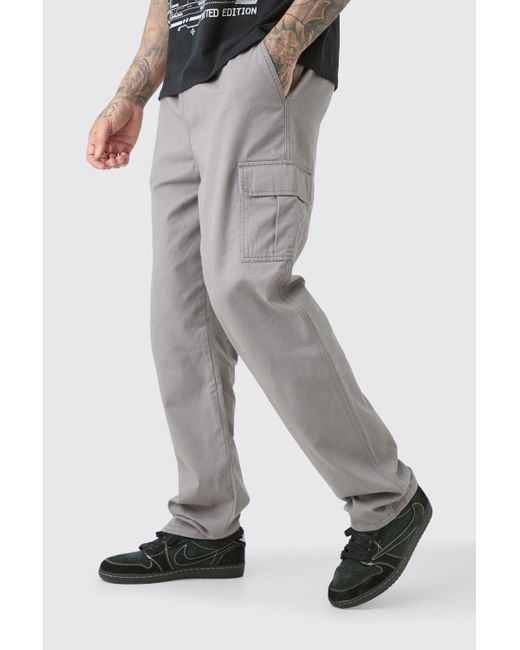 BoohooMAN Gray Tall Fixed Waist Twill Straight Leg Cargo Pants for men