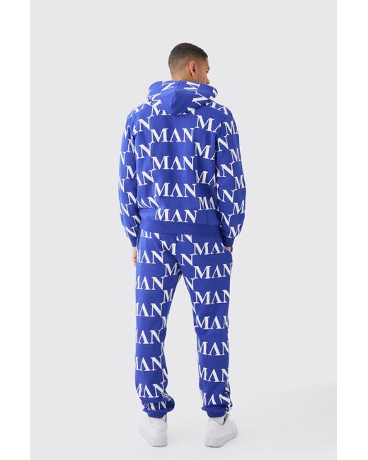 BoohooMAN Blue Roman All Over Print Hooded Tracksuit for men