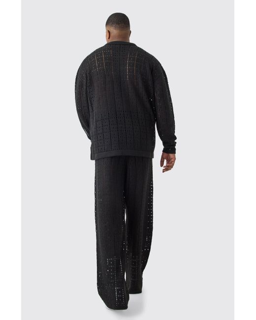 BoohooMAN Plus Oversized Long Sleeve Crochet Knit Shirt In Black for men