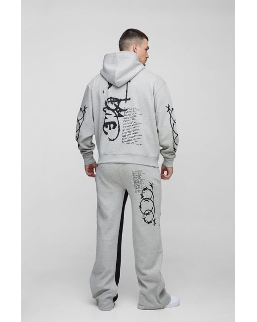 BoohooMAN Gray Tall Oversized Multi Placement Graffiti Zip Through Gusset Hooded Tracksuit for men