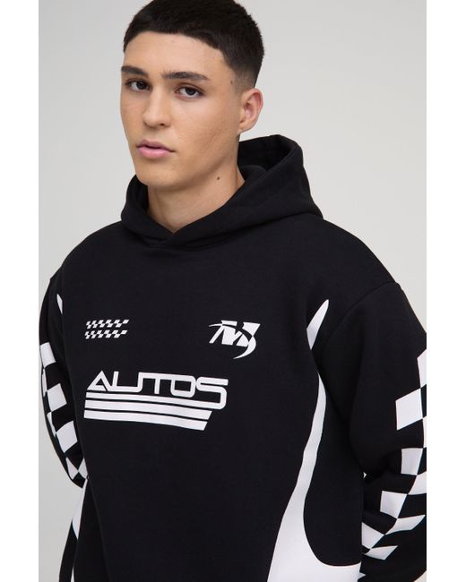 Sudadera Oversize Recta Con Capucha Y Estampado De Motociclismo Boohoo de color Black