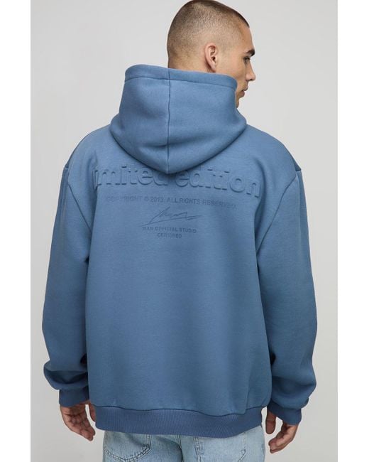 BoohooMAN Blue Oversized Limited Edition Embossed Hoodie for men