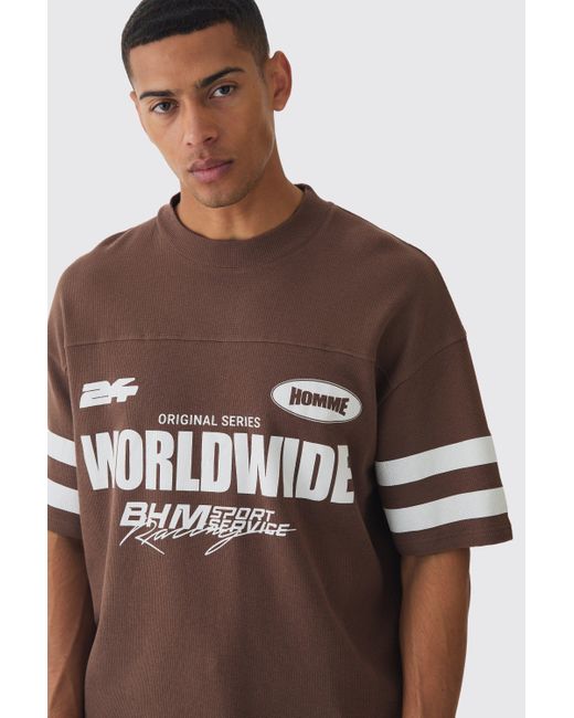 BoohooMAN Brown Oversized Boxy Worldwide Waffle T-Shirt for men