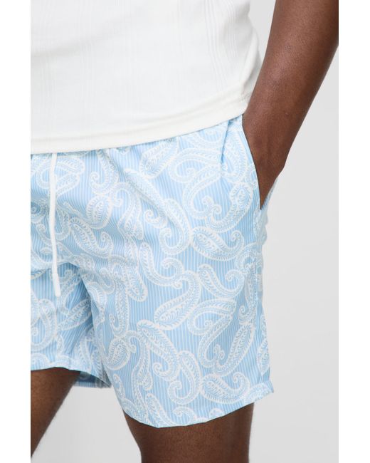 Mid Length Stripe Paisley Printed Swim Shorts Boohoo de color Blue