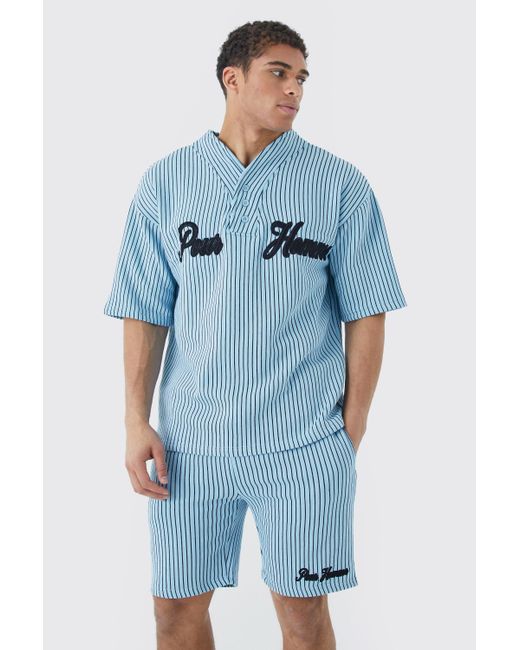 BoohooMAN Blue Oversized Pinstripe Baseball Polo And Short Set for men