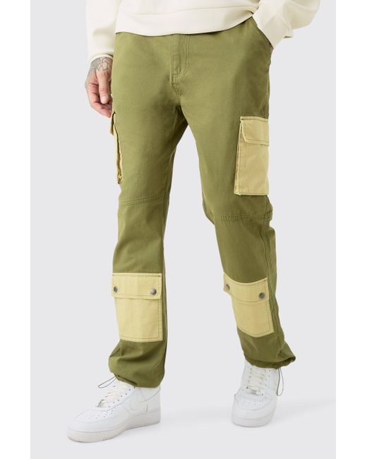 BoohooMAN Green Tall Fixed Waist Washed Twill Straight Leg Cargo Trouser for men