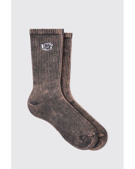 BoohooMAN Brown Acid Wash Embroidered Socks In Blue for men