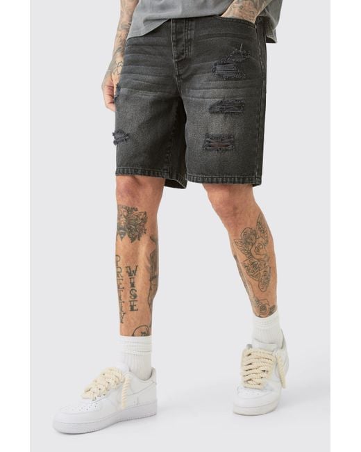 BoohooMAN Tall Slim Fit Distressed Denim Shorts In Washed Black for men