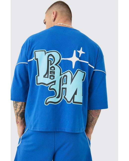 BoohooMAN Oversized Boxy Half Sleeve Ptint T-shirt & Short Set in Blue für Herren