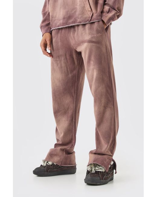 BoohooMAN Brown Embroidery Oversized Sun Bleached Wash Split Hem Joggers for men