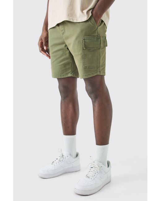 Boohoo Green Skinny Fit Elasticated Waist Cargo Shorts In Khaki