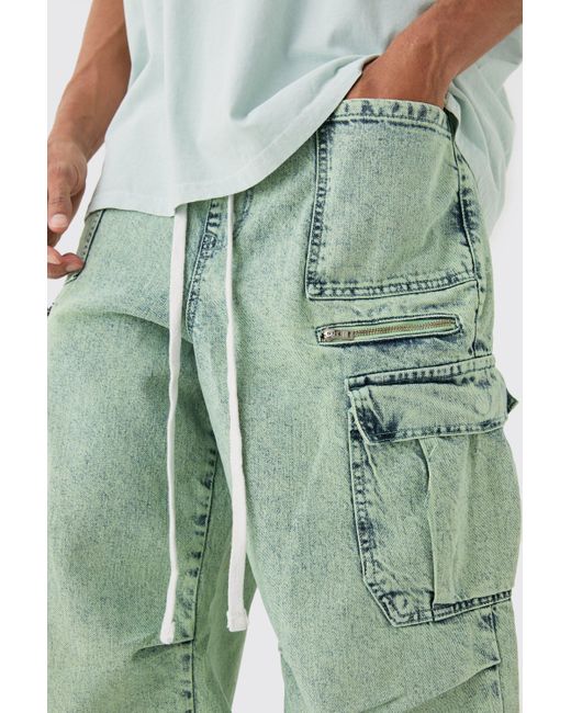 BoohooMAN Green Denim Parachute Elasticated Waist Overdyed Acid Washed Cargo Jeans In Sage for men
