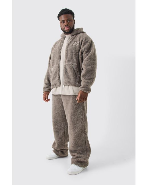 BoohooMAN Gray Plus Oversized Boxy Zip Through Embroidered Hooded Tracksuit for men