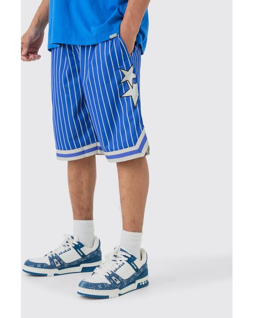 BoohooMAN Loose Fit Basketballl Stripe Shorts in Blue für Herren