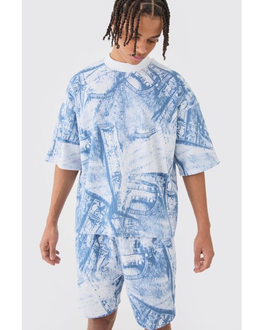 BoohooMAN Blue Oversized Boxy Denim Printed Waffle T-shirt & Shorts Set for men