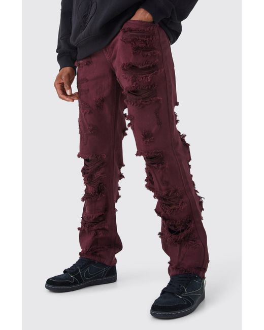 BoohooMAN Red Relaxed Rigid Extreme Ripped Jean for men