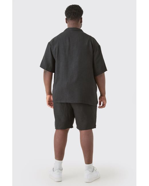 BoohooMAN Plus Short Sleeve Drop Revere Linen Shirt & Short Set In Black for men